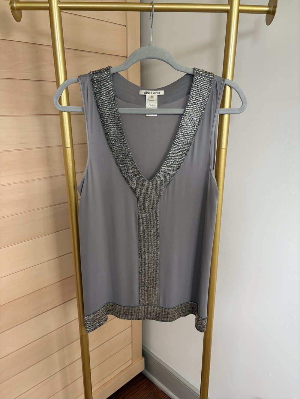 Alice + Olivia Gray Sleeveless V-Neck Camisole with Metallic Trim